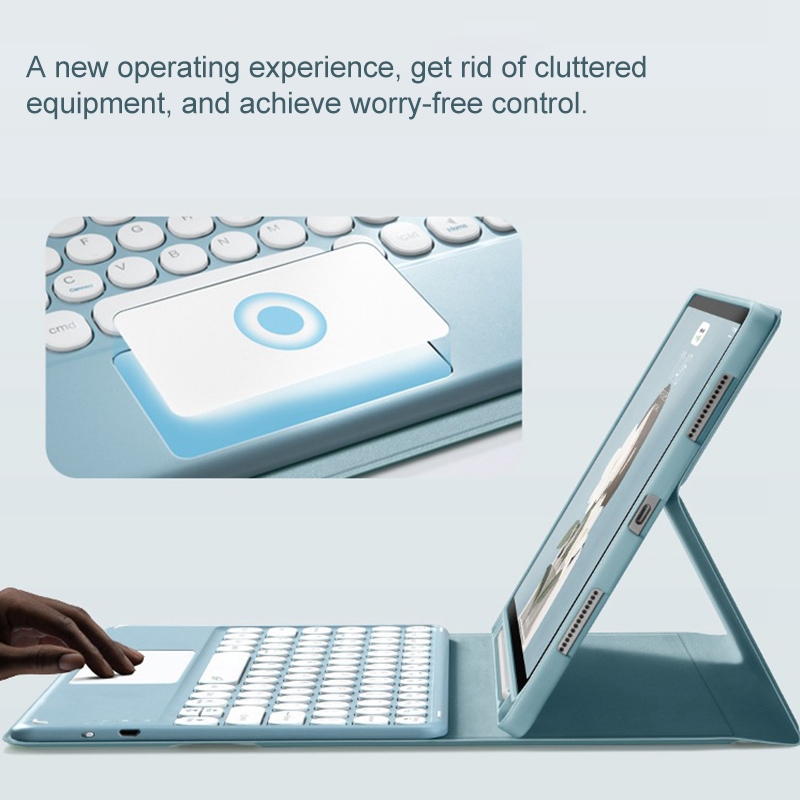 Round Cap Bluetooth Keyboard Leather Case with Pen Slot &Touchpad for Samsung Galaxy Tab S6 Lite(Blue)_voghion.com