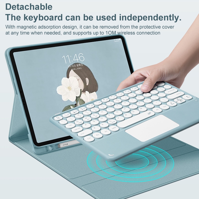 Round Cap Bluetooth Keyboard Leather Case with Pen Slot &Touchpad for Samsung Galaxy Tab S6 Lite(Blue)_voghion.com