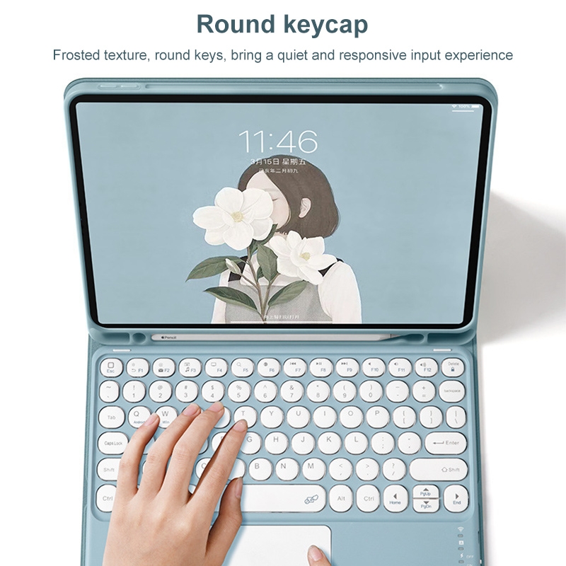 Round Cap Bluetooth Keyboard Leather Case with Pen Slot &Touchpad for Samsung Galaxy Tab S6 Lite(Blue)_voghion.com