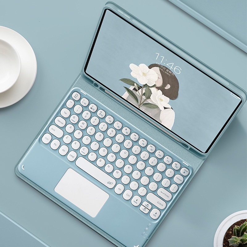 Round Cap Bluetooth Keyboard Leather Case with Pen Slot &Touchpad for Samsung Galaxy Tab S6 Lite(Blue)_voghion.com