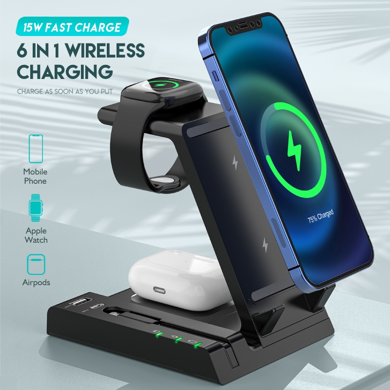 Suporte para carregador rápido sem fio multifuncional D2 15W Max 6 em 1 (preto)_voghion.com