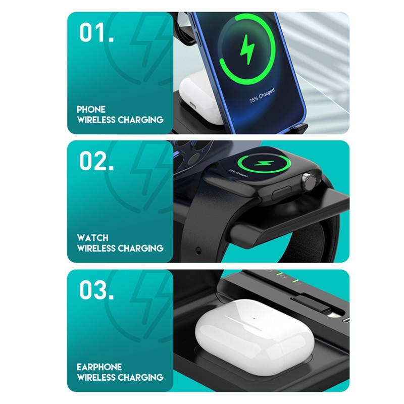 Suporte para carregador rápido sem fio multifuncional D2 15W Max 6 em 1 (preto)_voghion.com