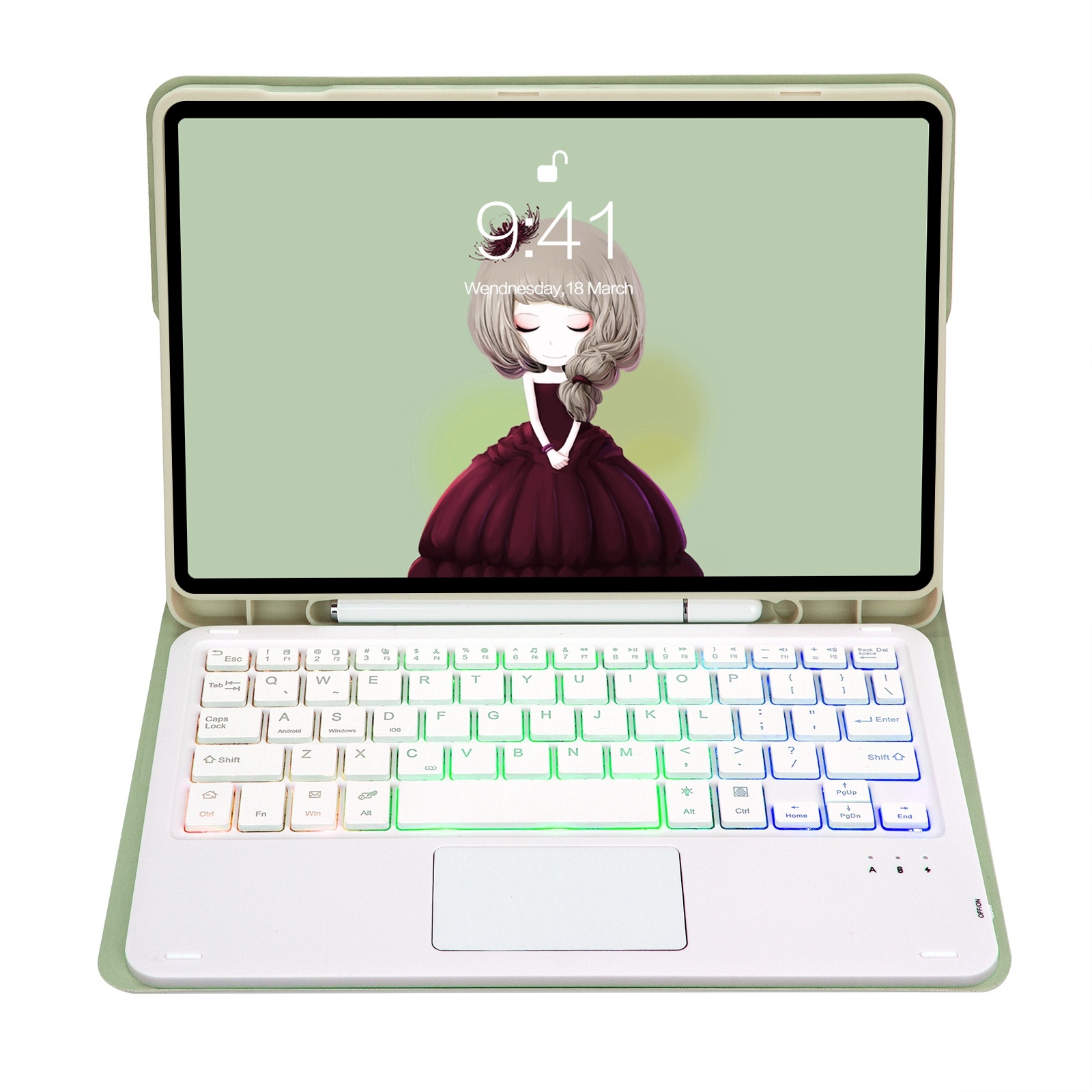 T07B-AS Skin Feel Pen Slot Touch Pad Backlight Bluetooth Keyboard Leather Tablet Case For iPad 9.7 2018&2017 / Pro 9.7 / Air 2(Mint Green)_voghion.com