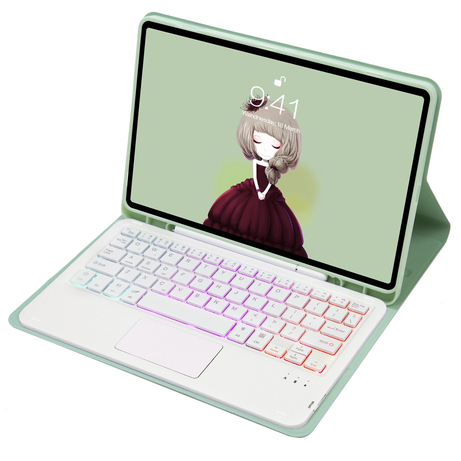 T07B-AS Skin Feel Pen Slot Touch Pad Backlight Bluetooth Keyboard Leather Tablet Case For iPad 9.7 2018&2017 / Pro 9.7 / Air 2(Mint Green)_voghion.com