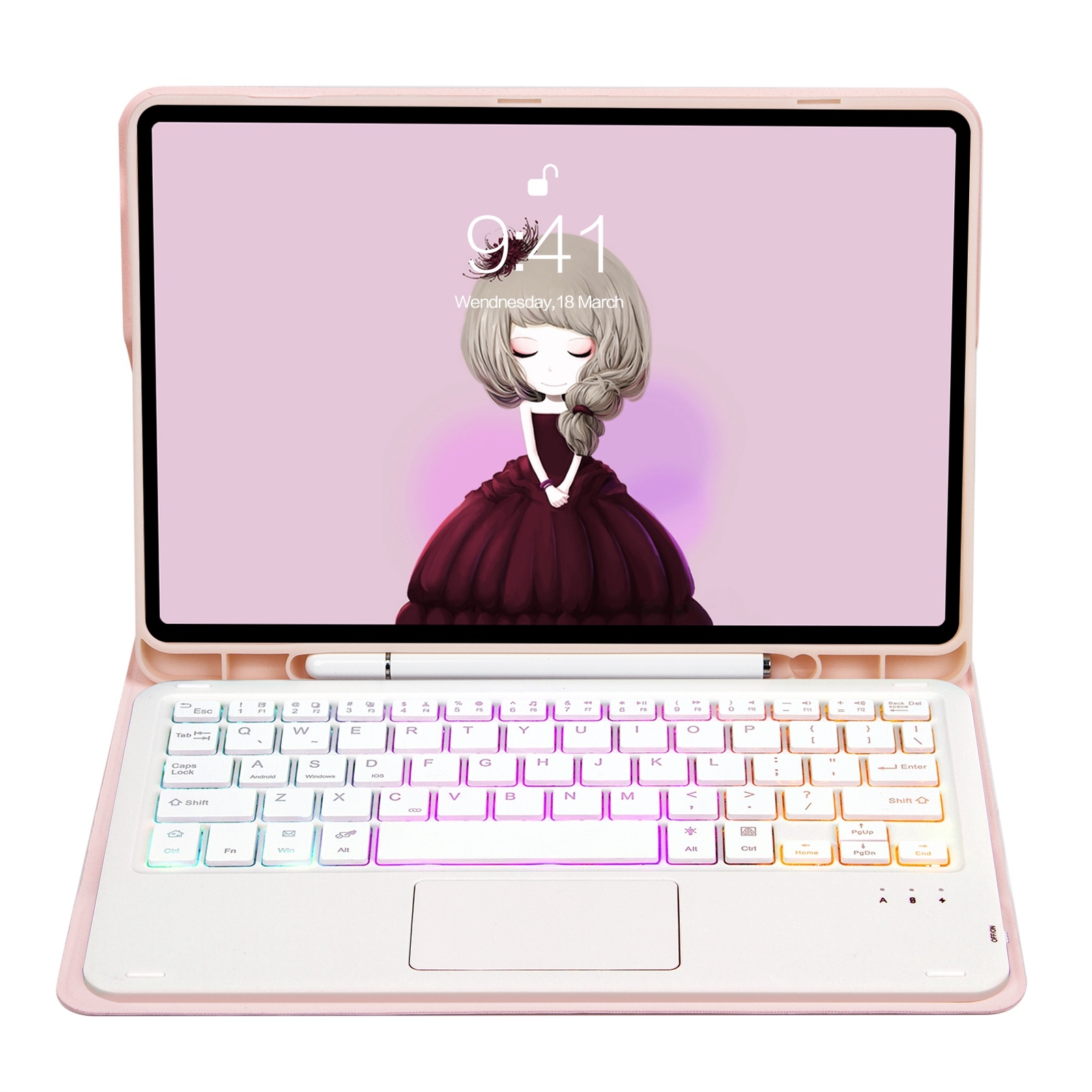 T102B-AS Skin Feel Pen Slot Touch Pad Backlight Bluetooth Keyboard Leather Tablet Case For iPad 10.2 2021&2020&2019/Air 2019/Pro 10.5(Pink)_voghion.com