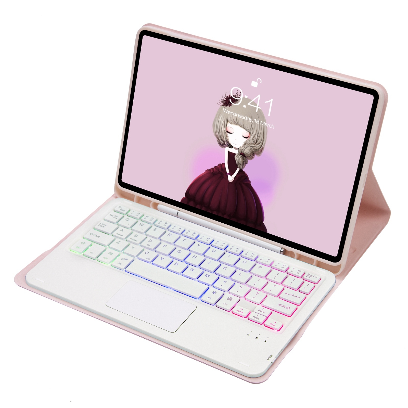 T102B-AS Skin Feel Pen Slot Touch Pad Backlight Bluetooth Keyboard Leather Tablet Case For iPad 10.2 2021&2020&2019/Air 2019/Pro 10.5(Pink)_voghion.com