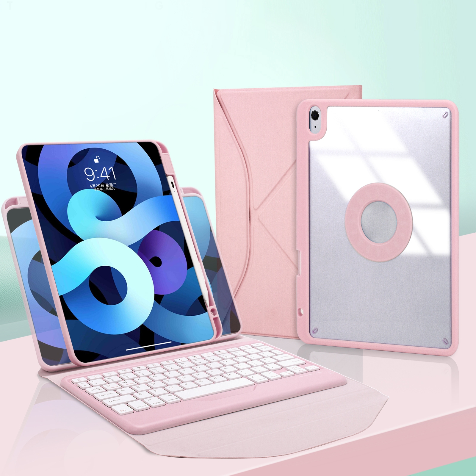 Z102B Klawiatura Bluetooth z miejscem na pióro Skórzane etui na tablet iPad 10.2 2021/2020/2019 (różowy)_voghion.com