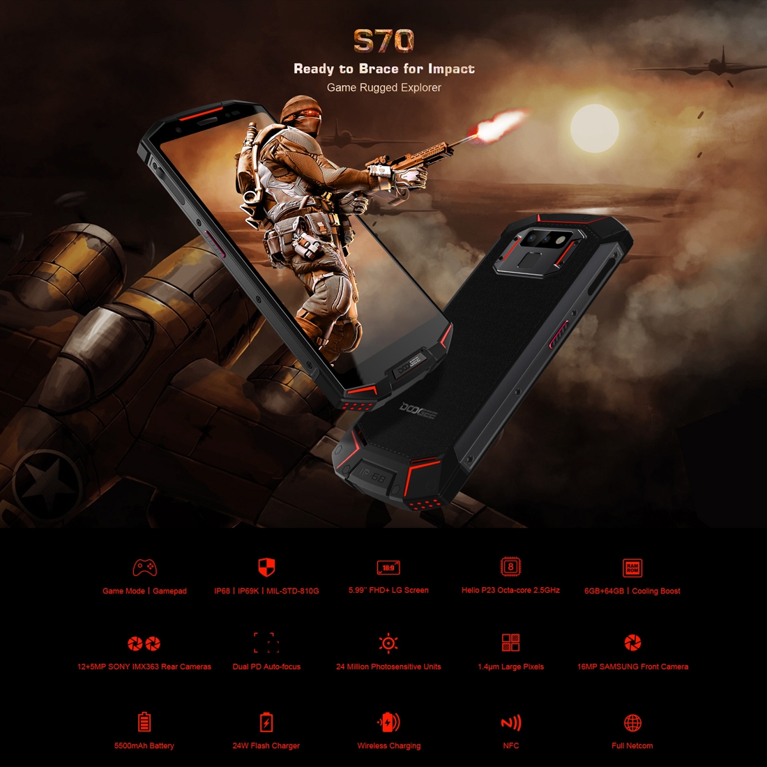 Смартфон DOOGEE S70 6GB+64GB Защита от влаги пыли ударов по стандарту IP68/IP69K MIL-STD-810G 5500мАч батарея Двойная камера (Фото 3) Проектор Смартфон DOOGEE S70 6GB+64GB Защита от влаги пыли ударов по стандарту IP68/IP69K MIL-STD-810G 5500мАч батарея Двойная камера (Фото 3)
