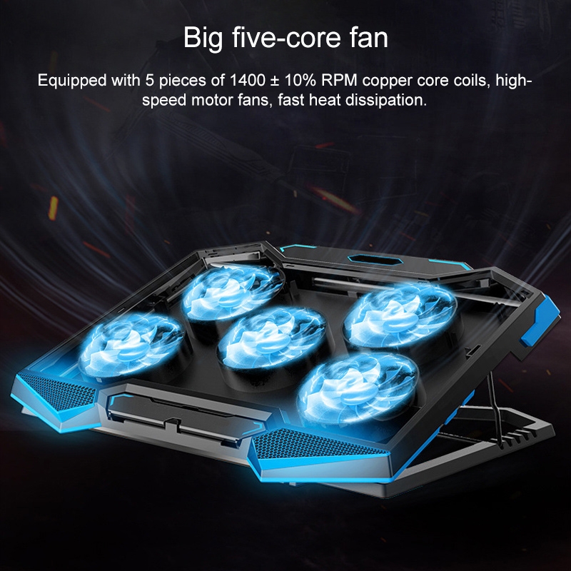 doppia porta USB Supporto per computer portatile con radiatore a cinque core (blu)_voghion.com