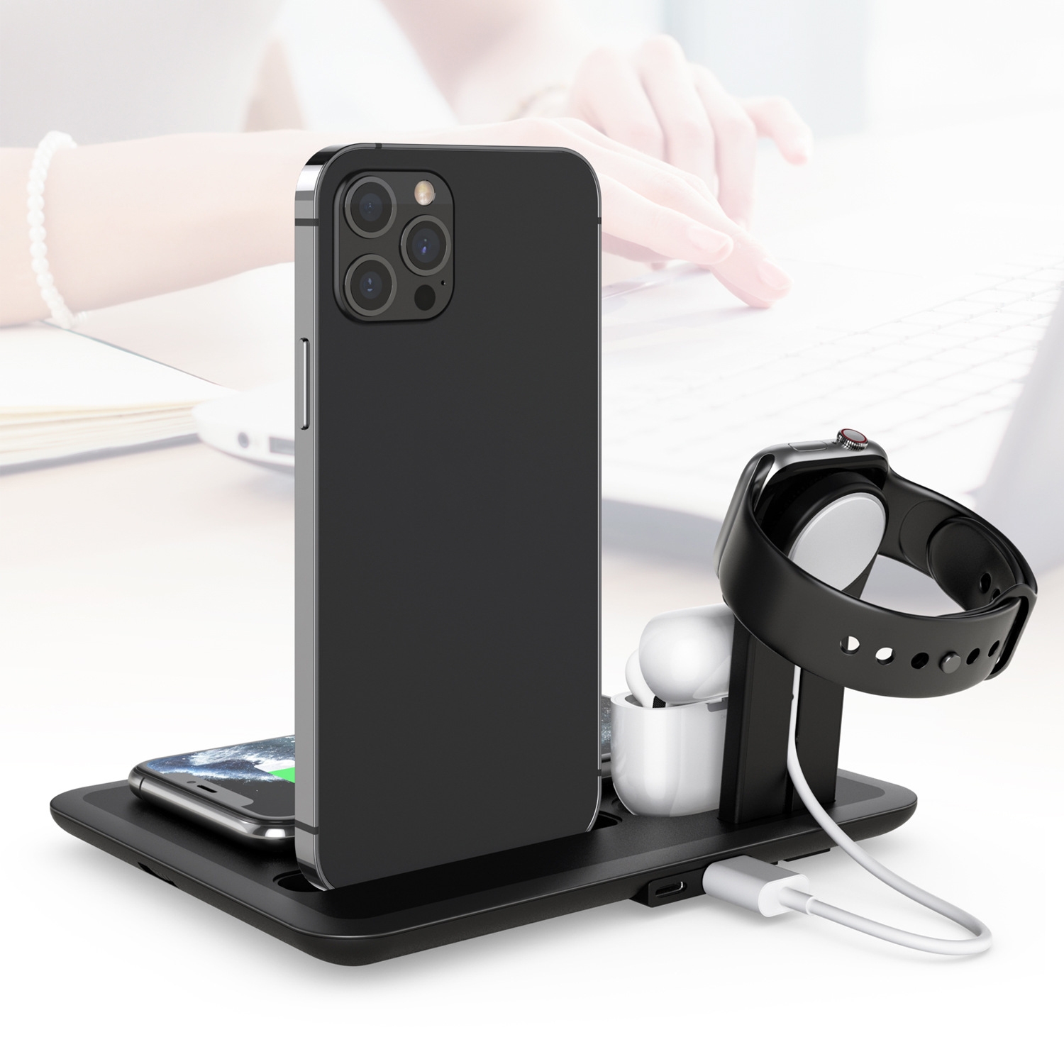HQ-UD17 4-in-1-Drahtlosladegerät, Telefonhalter, Ladestation für Smartphones, iWatch, AirPods (weiß)_voghion.com