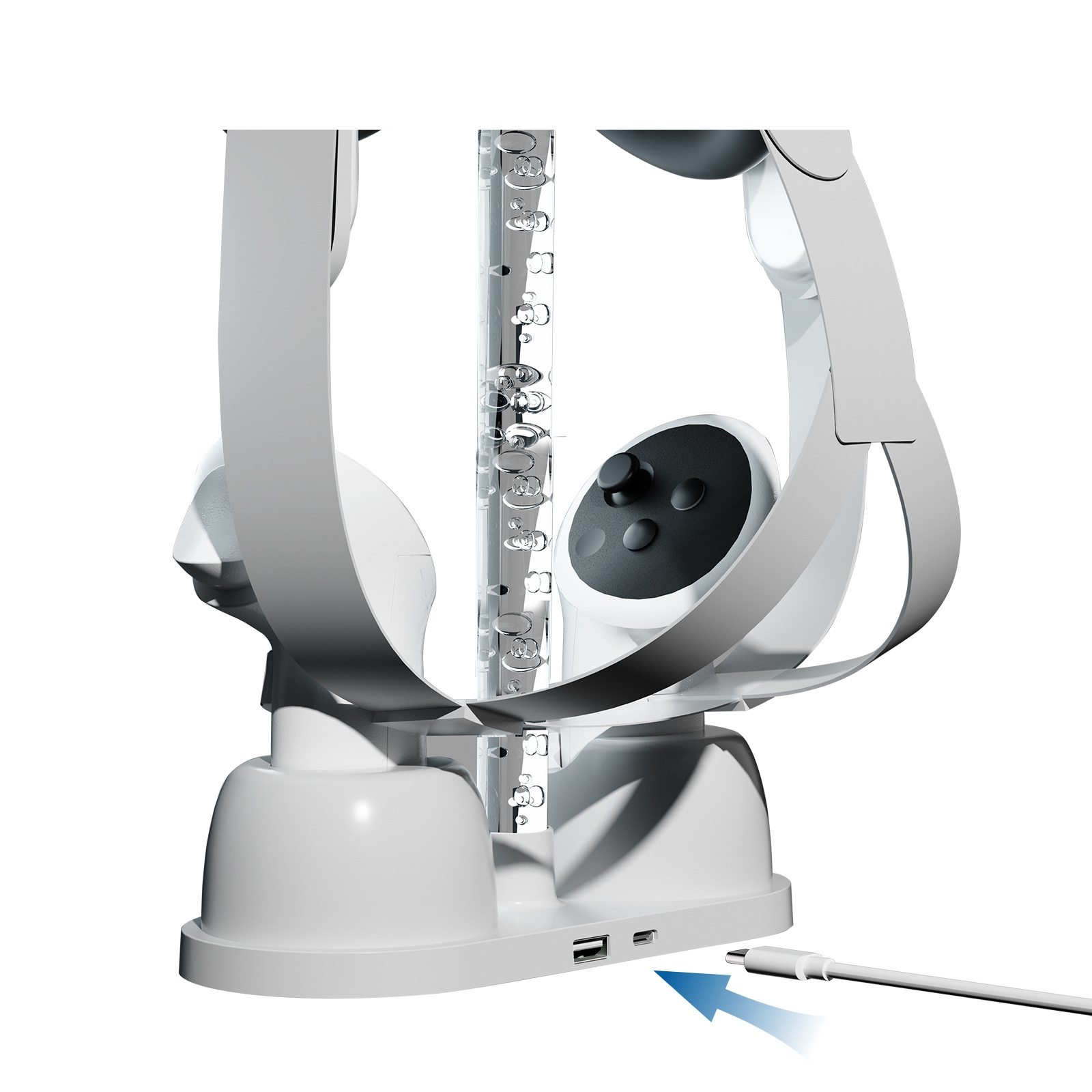 Base de carga y soporte de almacenamiento para gafas de realidad virtual Meta Quest 3 con luz RGB fría (blanca)_voghion.com