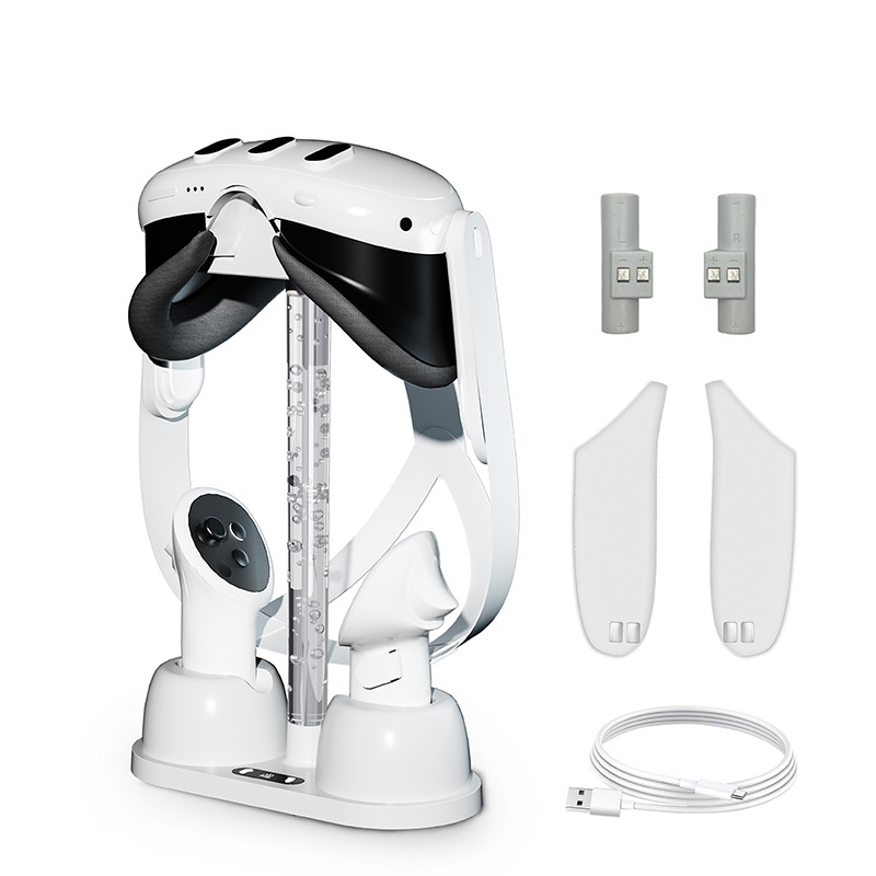 Base de carga y soporte de almacenamiento para gafas de realidad virtual Meta Quest 3 con luz RGB fría (blanca)_voghion.com