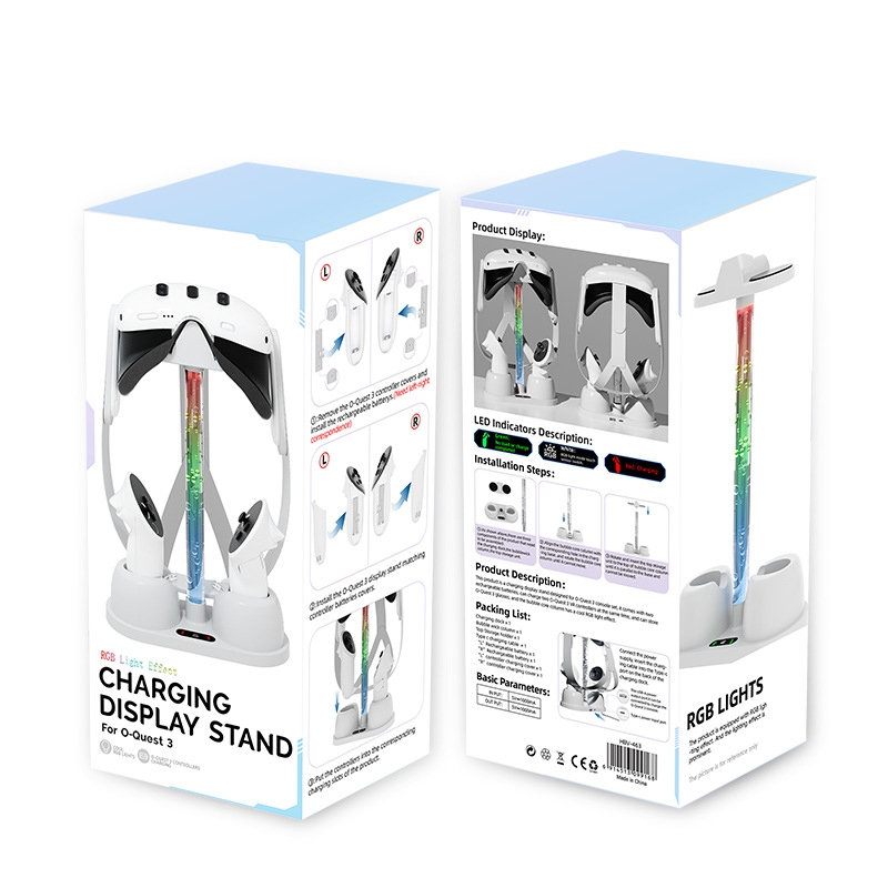 Base de carga y soporte de almacenamiento para gafas de realidad virtual Meta Quest 3 con luz RGB fría (blanca)_voghion.com