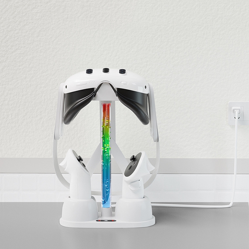 Base de carga y soporte de almacenamiento para gafas de realidad virtual Meta Quest 3 con luz RGB fría (blanca)_voghion.com