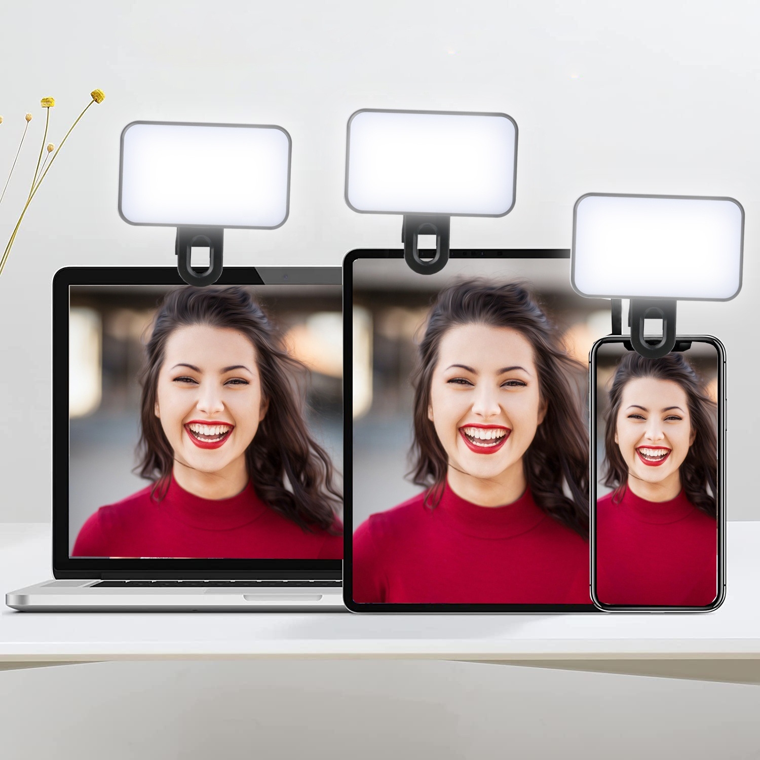 Lumină de umplere pentru selfie-uri, reîncărcabilă, cu 3 temperaturi de culoare, cu clips, pentru telefon, laptop, tabletă și întâlniri (negru)_voghion.com