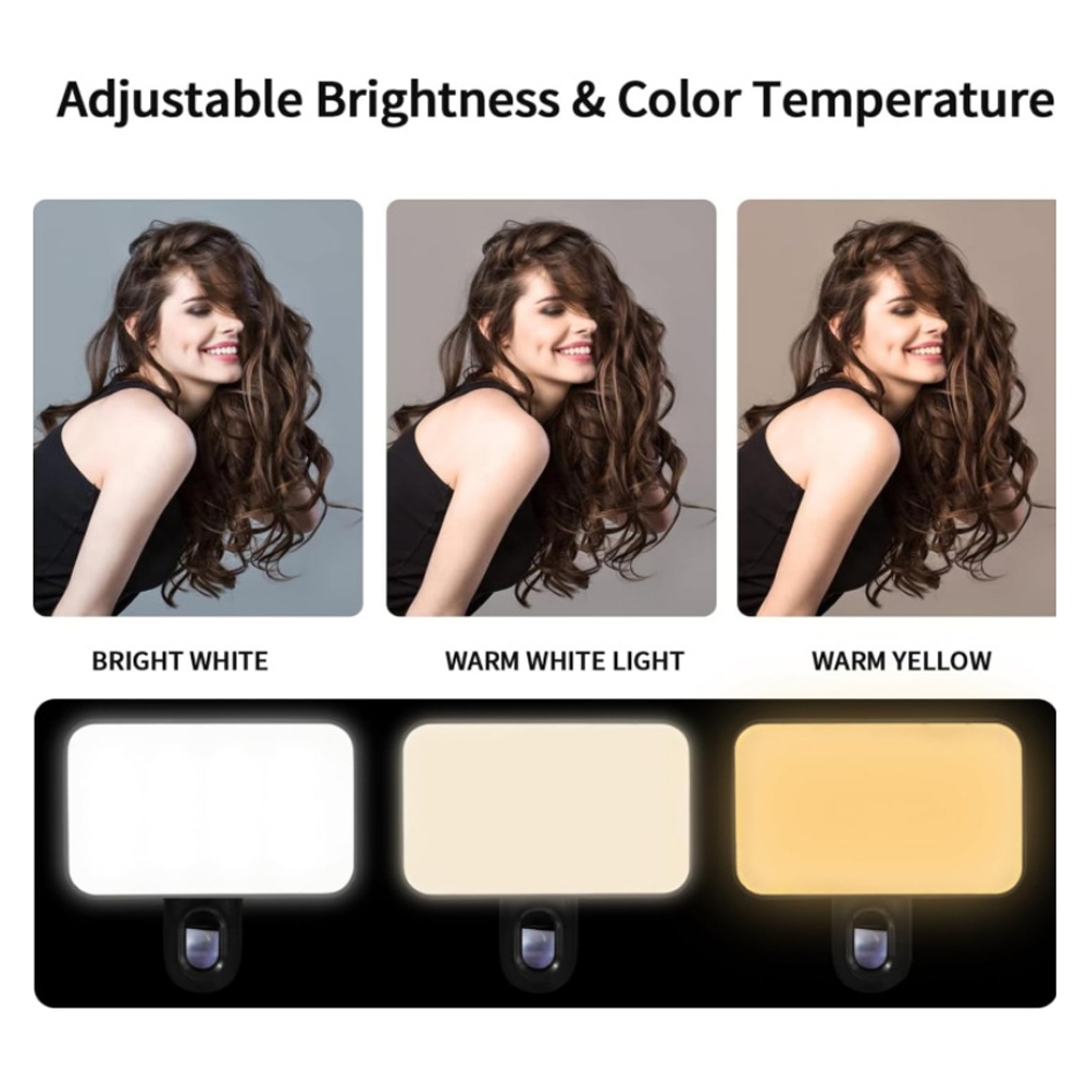 Lumină de umplere pentru selfie-uri, reîncărcabilă, cu 3 temperaturi de culoare, cu clips, pentru telefon, laptop, tabletă și întâlniri (negru)_voghion.com