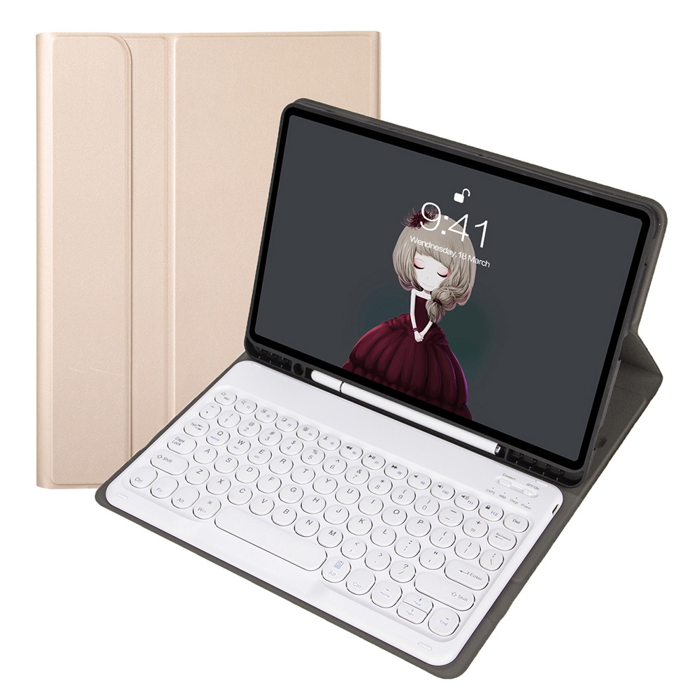 YA11B 2021 Detachable Lambskin Texture Round Keycap Bluetooth Keyboard Leather Tablet Case with Pen Slot & Stand For iPad Pro 11 (2021)(Gold)_voghion.com