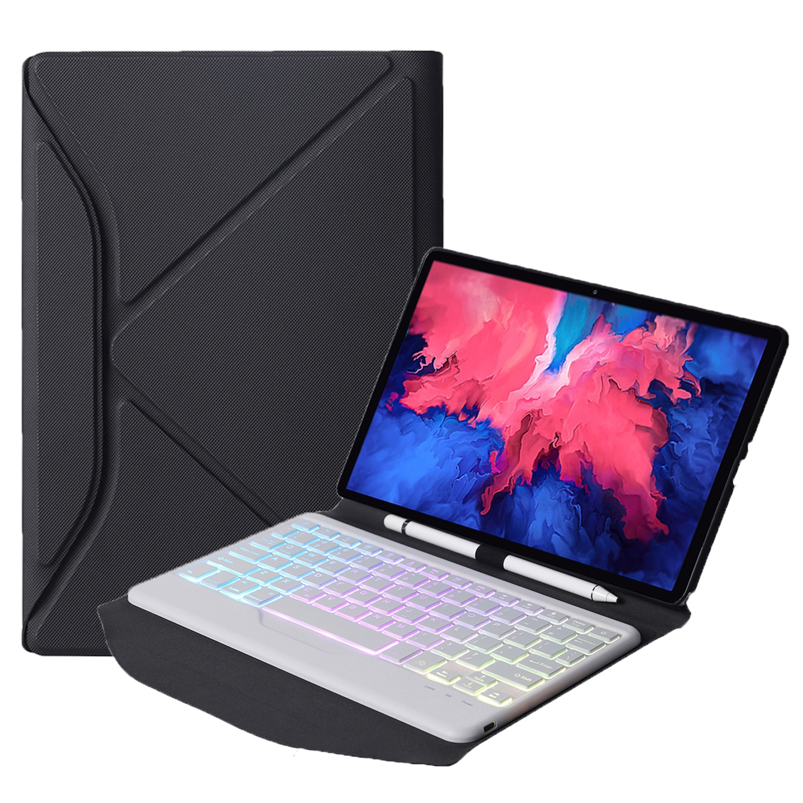 Custodia tablet in pelle con tastiera Bluetooth rimovibile BM12S Backlight Edition Diamond Texture con slot per penna e supporto posteriore triangolare per Lenovo Pad Plus 11 pollici TB-J607F / Tab P11 11 pollici TB-J606F (Nero Bianco)_voghion.com