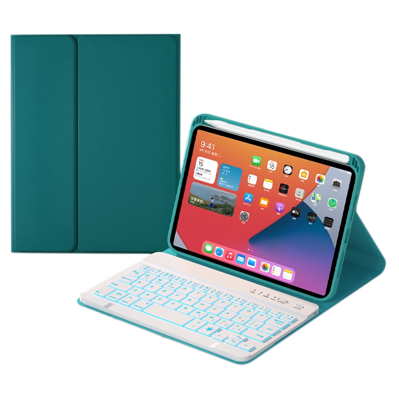 HK006D Square Keys Detachable Bluetooth Solid Color Keyboard Leather Tablet Case with Colorful Backlight & Holder for iPad mini 6(Dark Green)_voghion.com