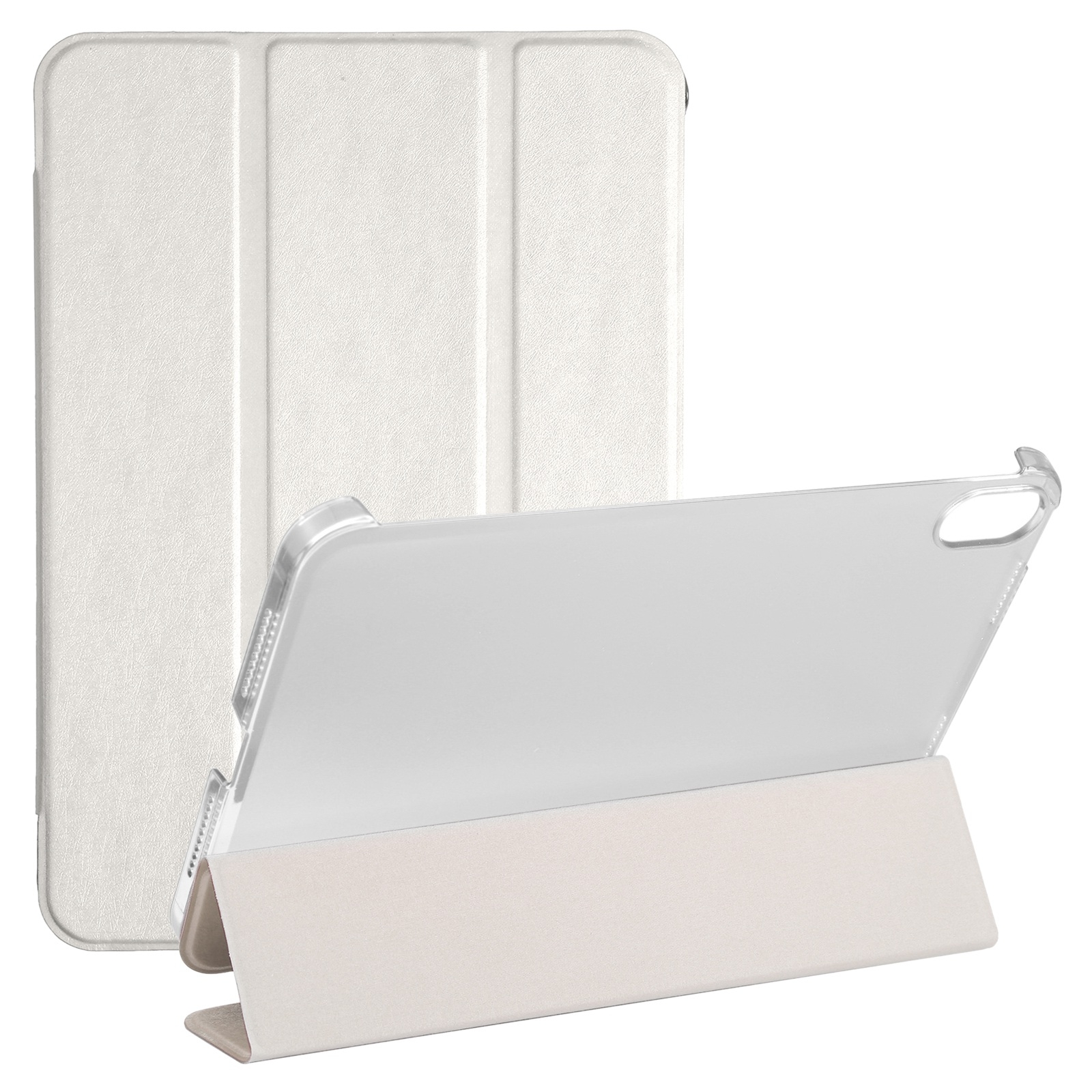 Funda de cuero con tapa horizontal y tres pliegues con textura de seda para iPad mini 6 con soporte (blanco)_voghion.com