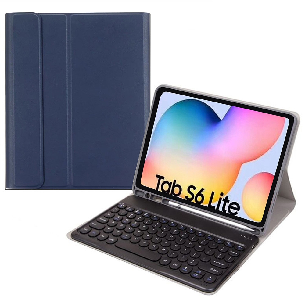 Pyöreä korkki Bluetooth-näppäimistön nahkakotelo kynäpaikalla Samsung Galaxy Tab S6 Lite -puhelimelle, tekniset tiedot: ilman kosketuslevyä (tummansininen + musta näppäimistö)_voghion.com