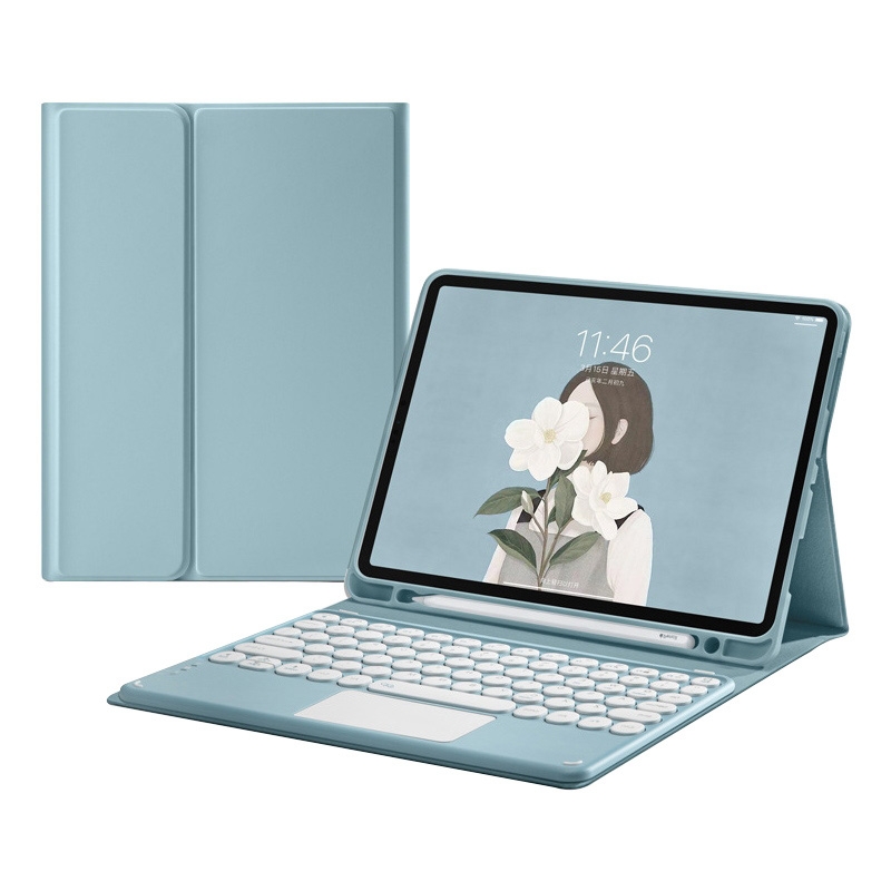 Round Cap Bluetooth Keyboard Leather Case with Pen Slot &Touchpad for Samsung Galaxy Tab S6 Lite(Blue)_voghion.com