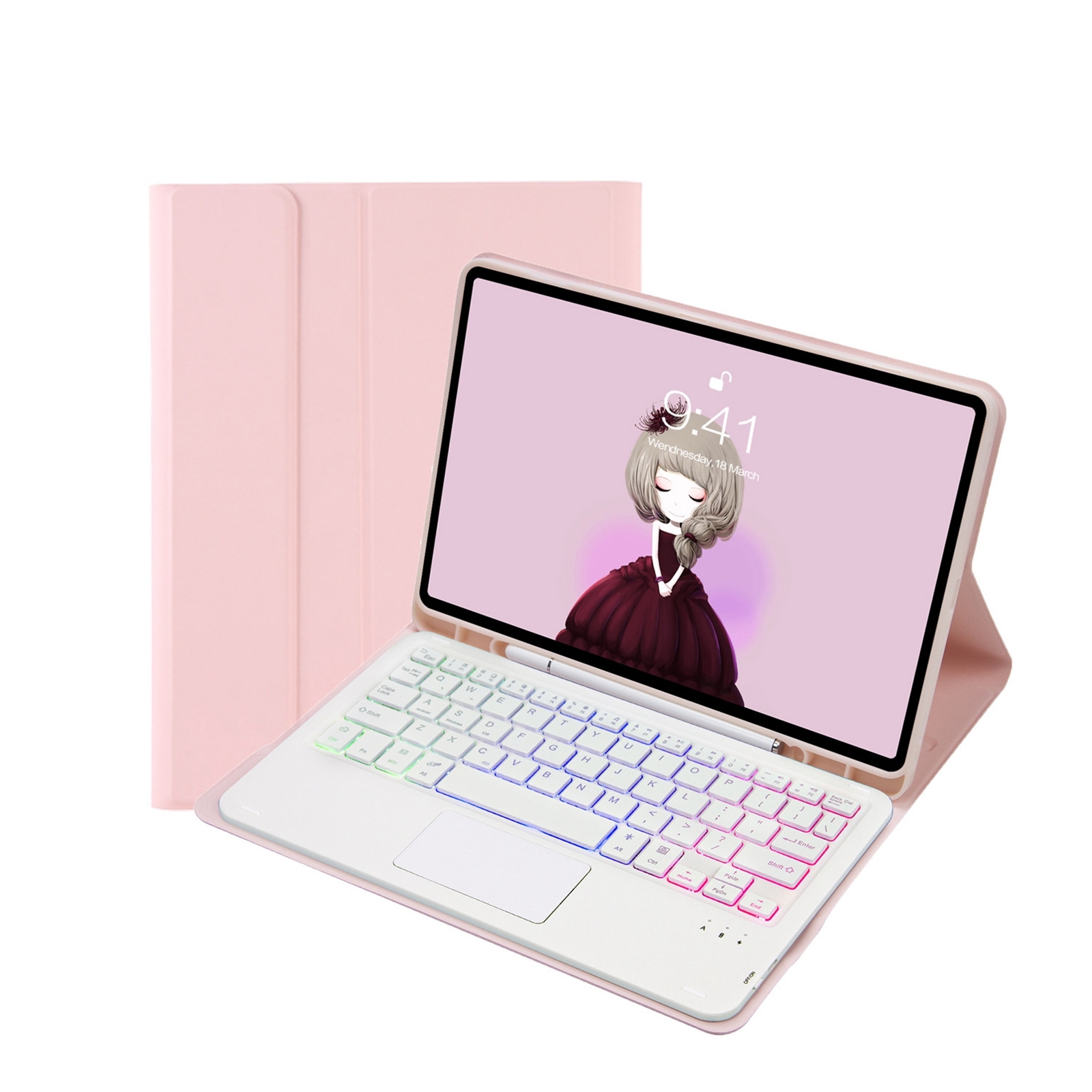 T102B-AS Skin Feel Pen Slot Touch Pad Backlight Bluetooth Keyboard Leather Tablet Case For iPad 10.2 2021&2020&2019/Air 2019/Pro 10.5(Pink)_voghion.com