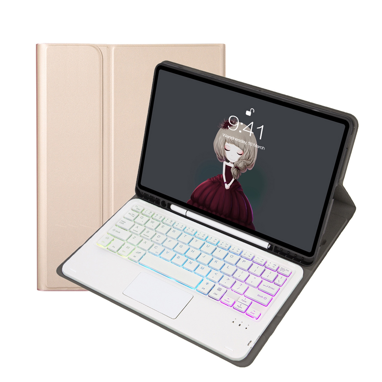 For Samsung Galaxy Tab S6 Lite A610B-AS Lambskin Texture Backlight Bluetooth Keyboard Leather Tablet Case(Gold)_voghion.com