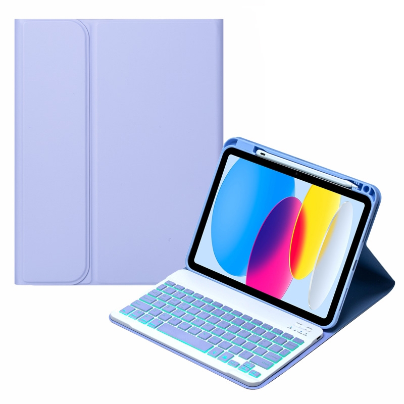 iPad 10th Gen 10.9 2022 SA-10DS -taustavalo Bluetooth-näppäimistön nahkainen tablet-kotelo kynäpaikalla (vaalean violetti)_voghion.com