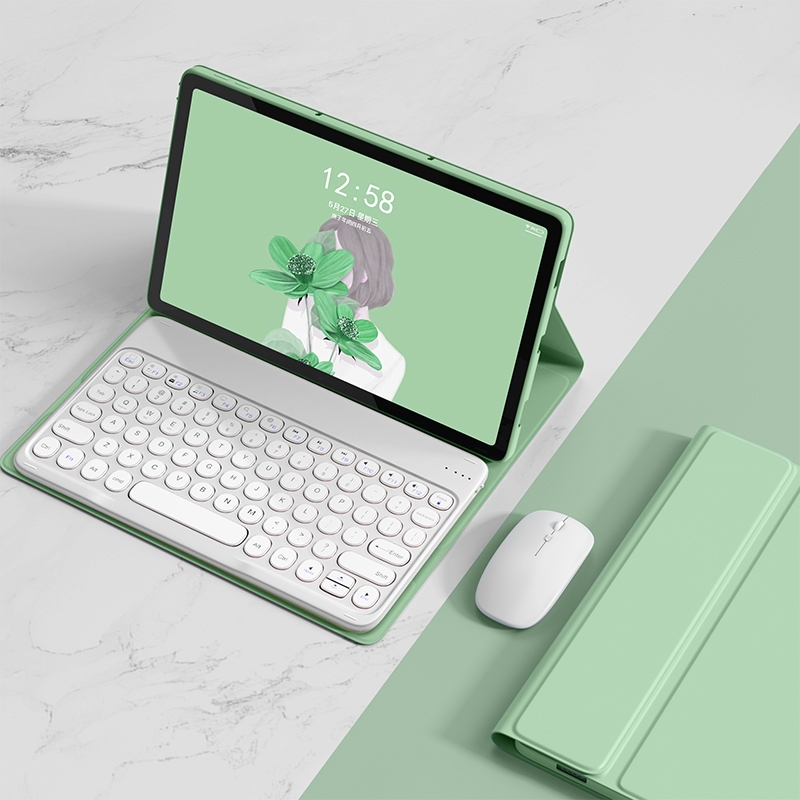 Pour Lenovo Tab M10 Plus 10.6 3e génération 2022 YM-LX106 Clé ronde détachable Bluetooth Tablette Clavier Étui en cuir avec souris (Vert Matcha)_voghion.com
