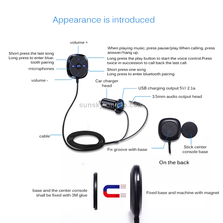 SUNSKY BC20 Bluetooth Car Kit, Supports AUX / Handsfree / Device