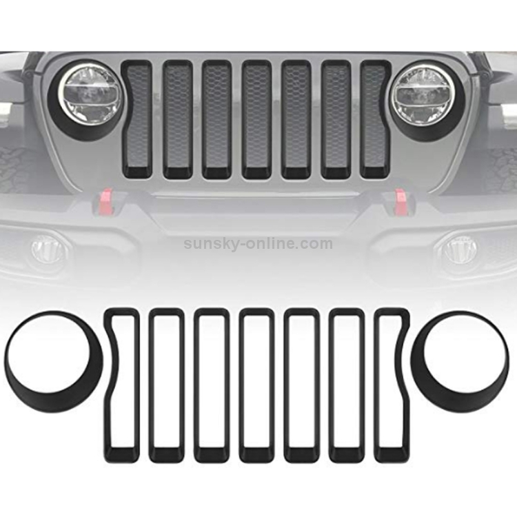 Black 2018 Jeep Wrangler JL Mesh Grille Grill Insert+Headlight Turn Light Cover Trim