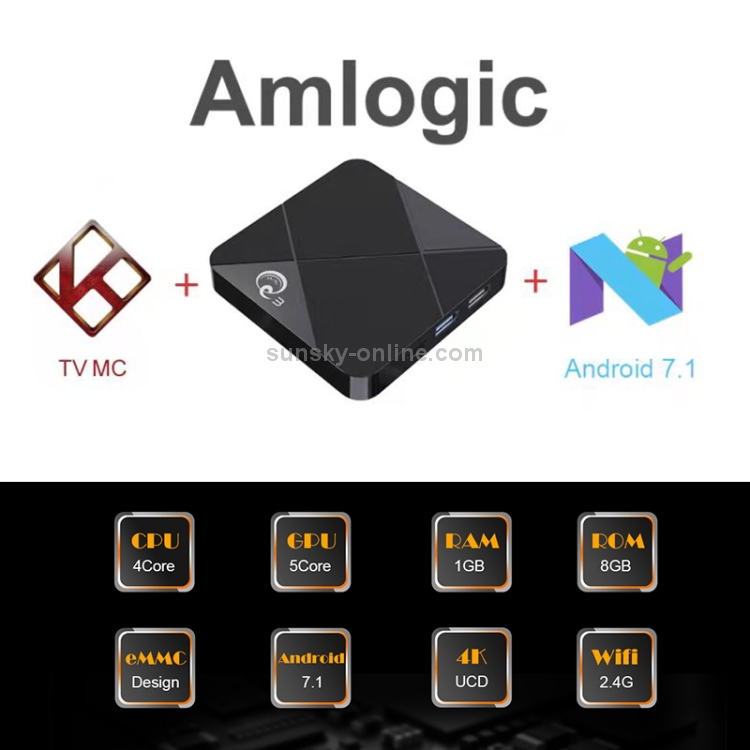 Q3 4K HD Smart TV Box, Android 7.1, Amlogic S905L Quad Core, 1GB+8GB, AU Plug - B3