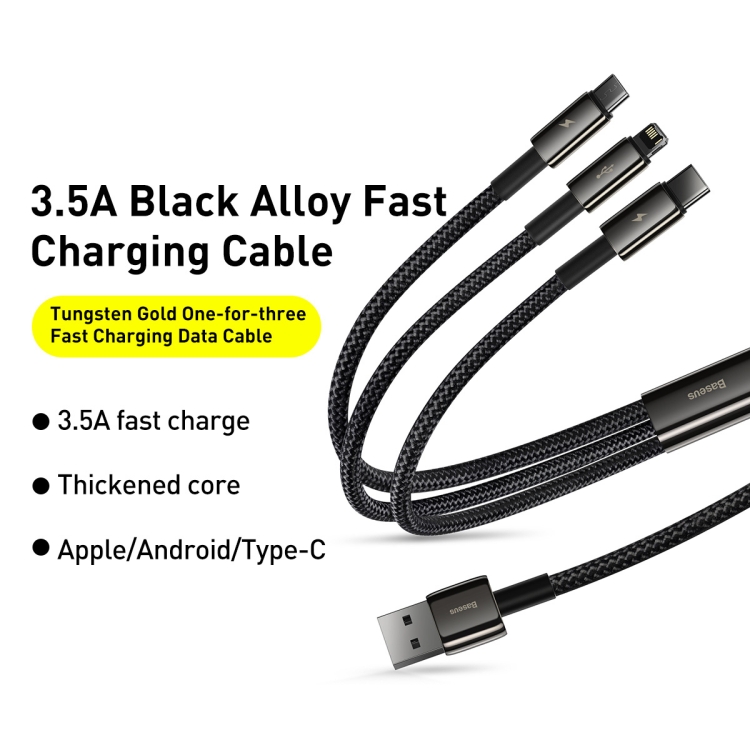 Baseus CAMLTWJ-01 1.5m 3.5A USB à 8 broches + USB-C / Type-C + Micro USB 3 en 1 Câble de données de charge rapide (Noir) - 3