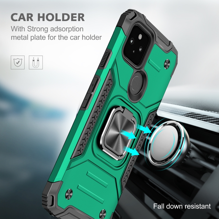 For Google Pixel 5a Magnetic Armor Shockproof TPU + PC Phone Case with Metal Ring Holder(Dark Green)