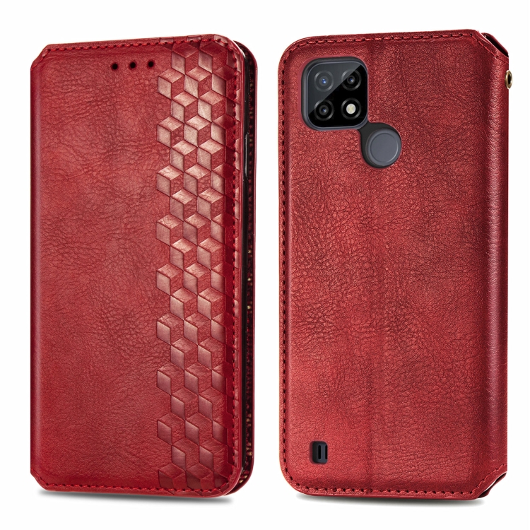 For OPPO Realme C21Y Cubic Grid Pressed Horizontal Flip Magnetic Leather Case with Holder & Card Slots & Wallet(Red)