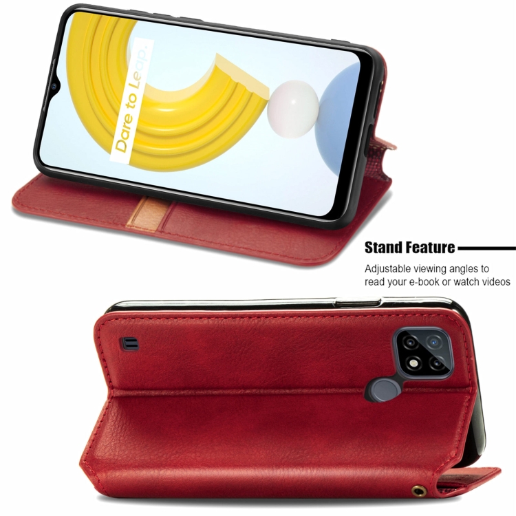 For OPPO Realme C21Y Cubic Grid Pressed Horizontal Flip Magnetic Leather Case with Holder & Card Slots & Wallet(Red)
