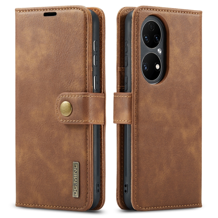 For Huawei P50 DG.MING Crazy Horse Texture Flip Detachable Magnetic Leather Case with Holder & Card Slots & Wallet(Brown) - 1