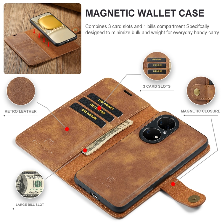For Huawei P50 DG.MING Crazy Horse Texture Flip Detachable Magnetic Leather Case with Holder & Card Slots & Wallet(Brown) - 3