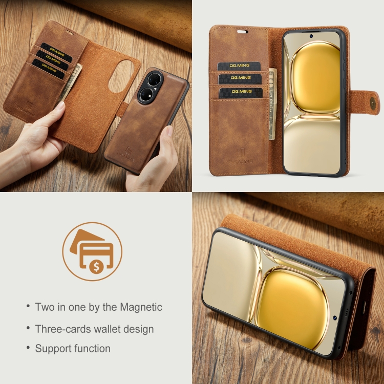 For Huawei P50 DG.MING Crazy Horse Texture Flip Detachable Magnetic Leather Case with Holder & Card Slots & Wallet(Brown) - 6