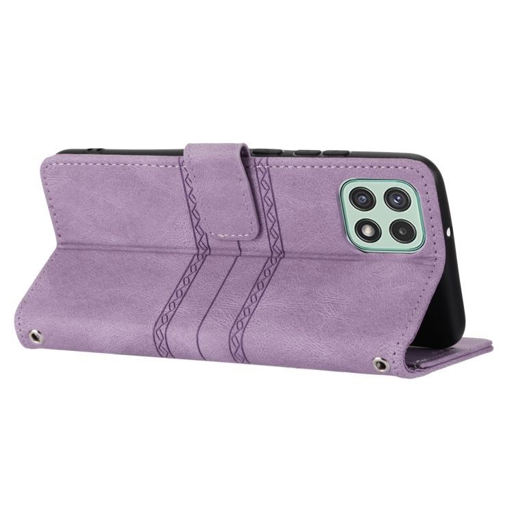 For Samsung Galaxy A03 EU Version Embossed Striped Magnetic Buckle Horizontal Flip Phone Leather Case(Purple) - 5