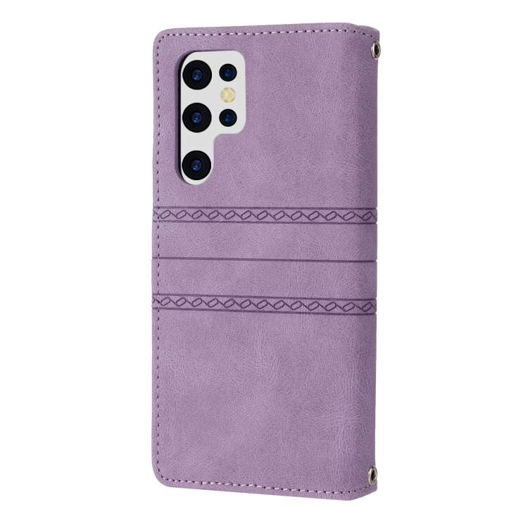 For Samaung Galaxy S22 Ultra 5G Embossed Striped Magnetic Buckle Horizontal Flip Phone Leather Case(Purple) - 2