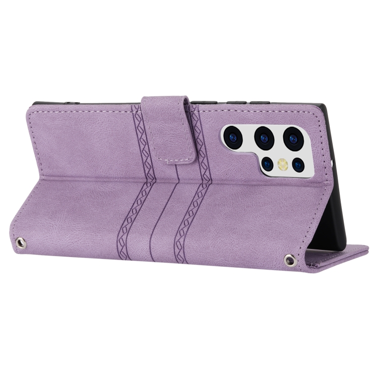 For Samaung Galaxy S22 Ultra 5G Embossed Striped Magnetic Buckle Horizontal Flip Phone Leather Case(Purple) - 5