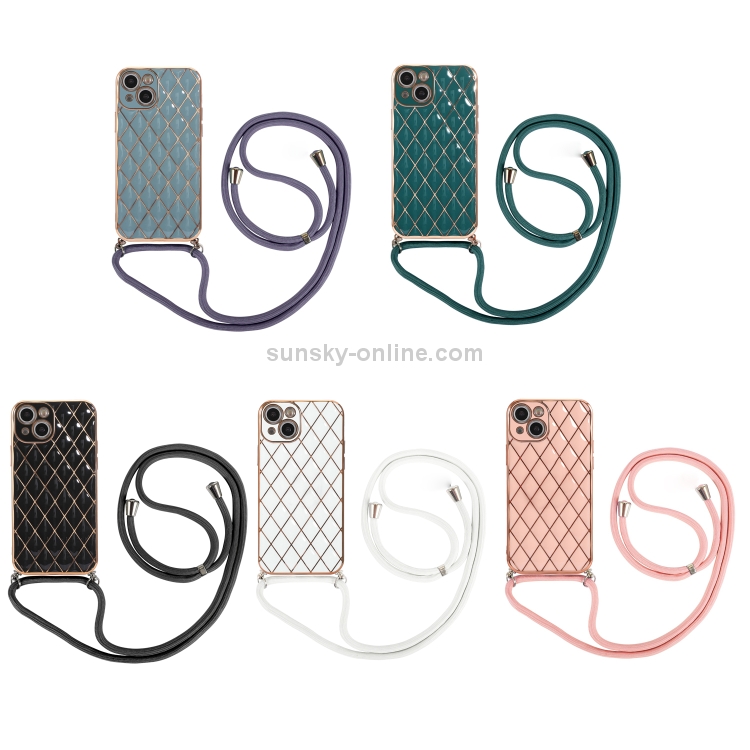 Electroplating Lambskin Lanyard Phone Case For iPhone 13 Pro(Pink) - B1