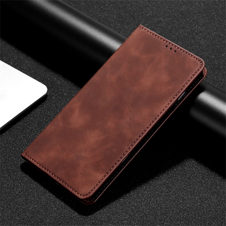 For OnePlus 9RT 5G Skin Feel Magnetic Horizontal Flip Leather Phone Case with Holder & Card Slots(Dark Brown) - 5