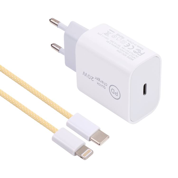 SDC-20W PD USB-C / Type-C Travel Charger + 1m 12W USB-C / Type-C to 8 Pin Data Cable Set, EU Plug(Yellow) - 1