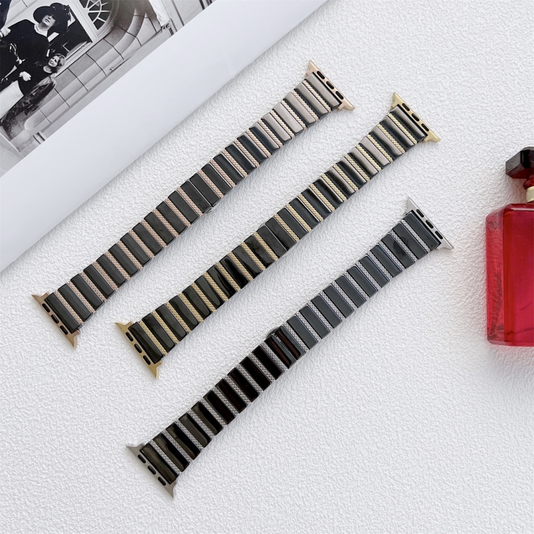 Ceramic One-bead Steel Strap Watchband For Apple Watch Series 7 41mm / 6&SE&5&4 40mm / 3&2&1 38mm(Black Silver) - 1