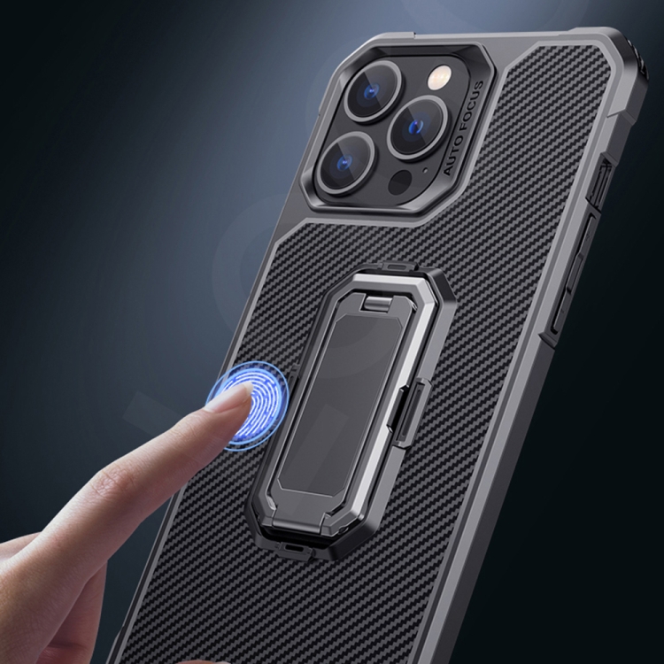 Carbon Fiber Texture Phone Case with Holder For iPhone 13 Pro Max(Blue+Black) - B4