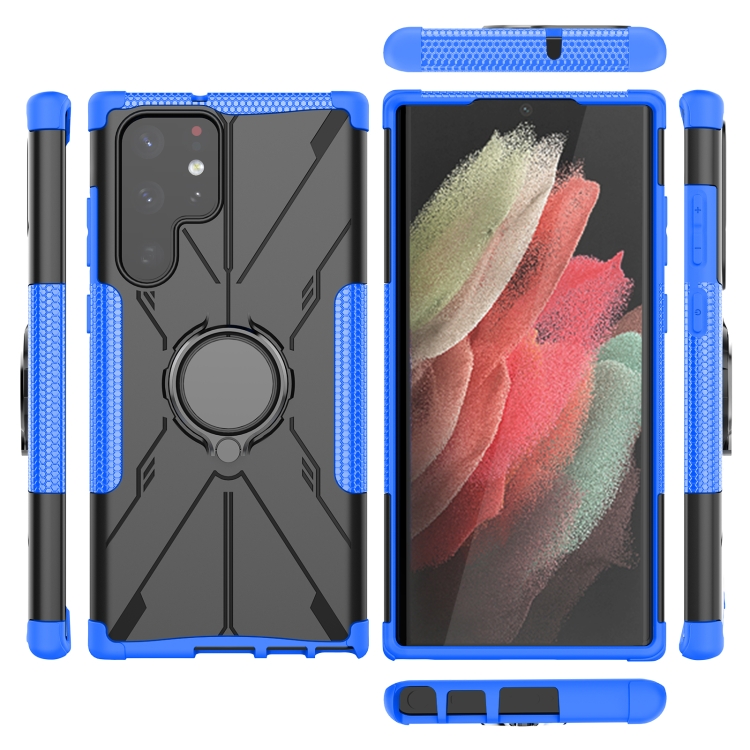 For Samsung Galaxy S22 Ultra 5G Armor Bear Shockproof PC + TPU Phone Case with Ring Holder(Blue) - 1