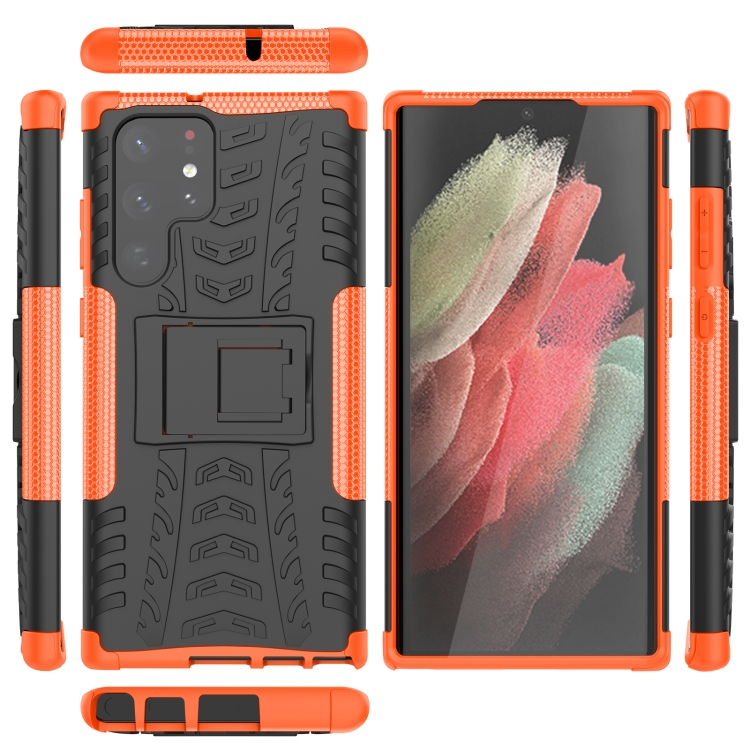 For Samsung Galaxy S22 Ultra 5G Tire Texture TPU + PC Phone Case with Holder(Orange) - 6